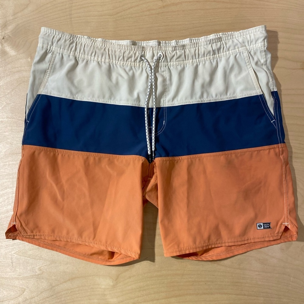 Salty Crew Men's Swim Trunks - Orange, Blue, and Cream Large (C)
